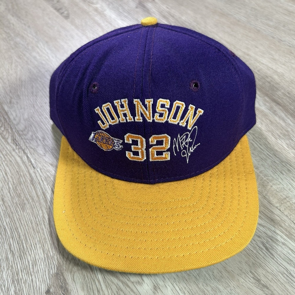VTG Los Angeles Lakers Magic Johnson Snapback Hat NBA AJD Purple‎ Wool Cap USA